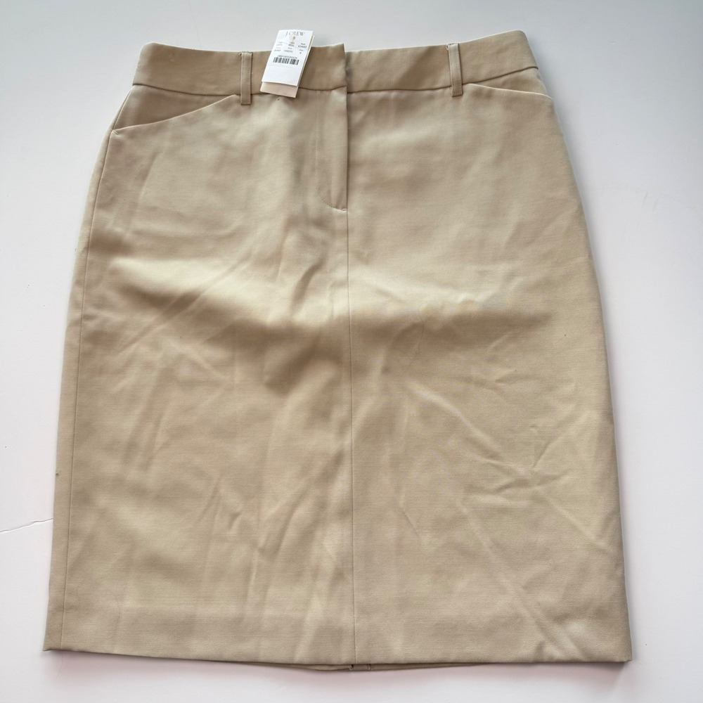 J.Crew Womens Tan Khaki 100% Wool Pencil Work Fitted Knee Length Skirt 8 NWT